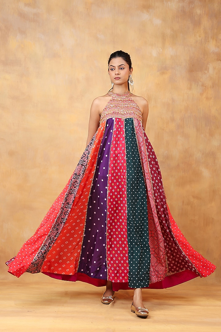 Multi-Colored Bandhani Hand Embroidered Maxi Vacation Dress by Priyanka Jha at Pernia's Pop Up Shop