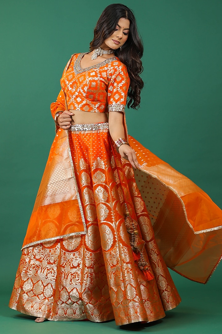 Orange Banarasi Hand Embroidered Wedding Lehenga Set by Priyanka Jha at Pernia's Pop Up Shop
