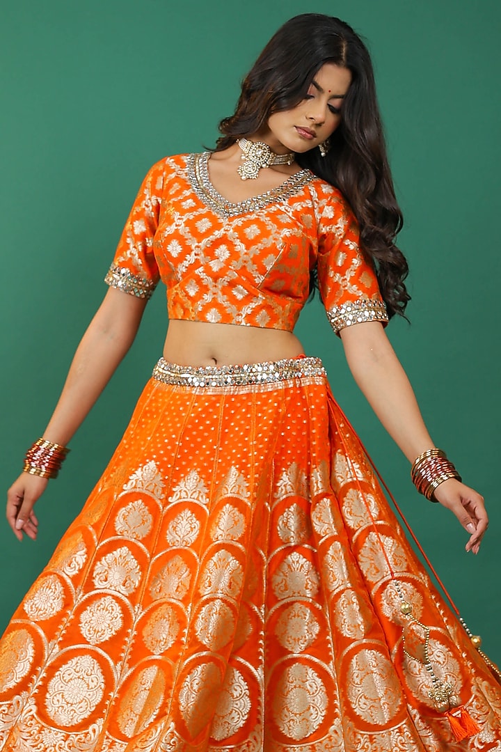 Orange Banarasi Hand Embroidered Wedding Lehenga Set by Priyanka Jha at Pernia's Pop Up Shop
