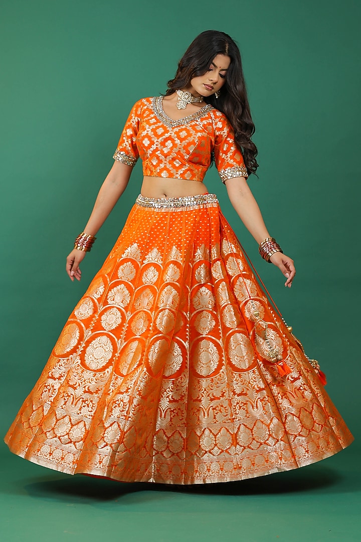 Orange Banarasi Hand Embroidered Wedding Lehenga Set by Priyanka Jha at Pernia's Pop Up Shop