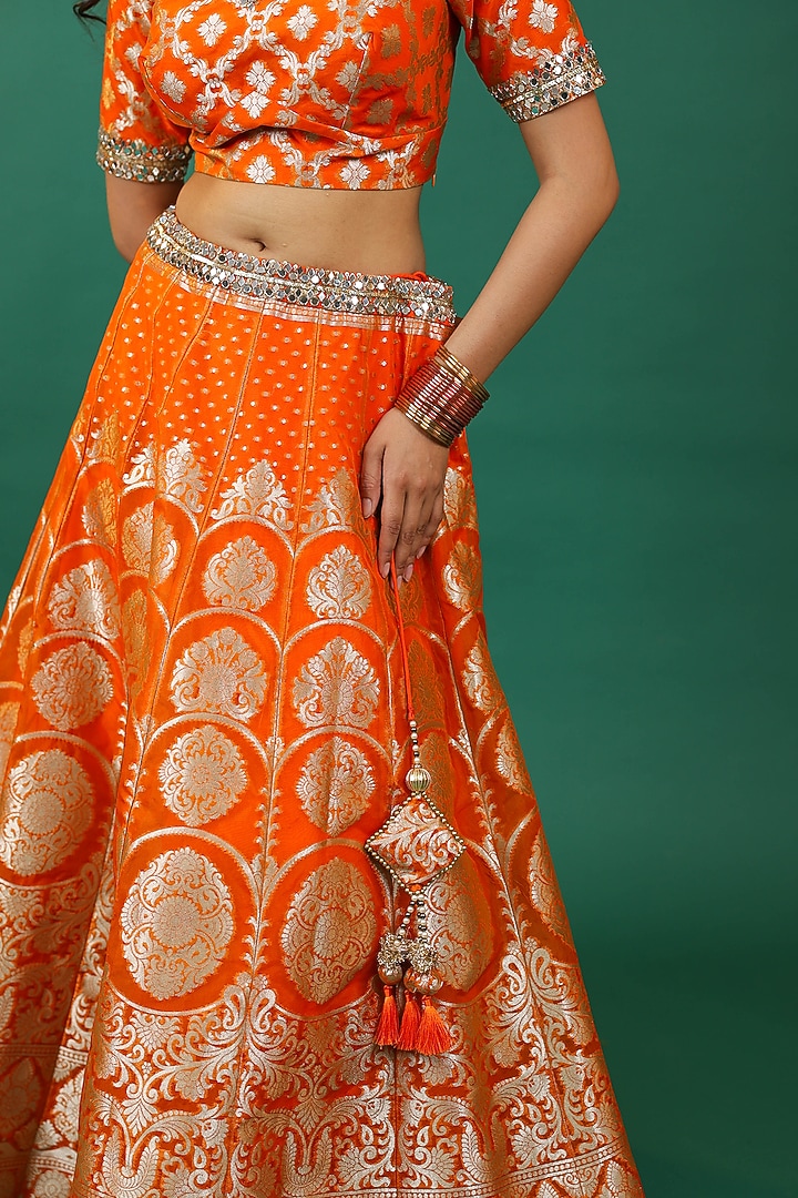 Orange Banarasi Hand Embroidered Wedding Lehenga Set by Priyanka Jha at Pernia's Pop Up Shop
