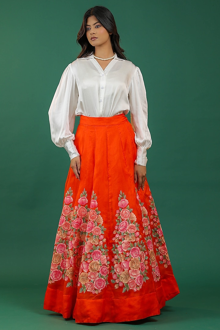 Orange Pure Silk Hand Embroidered Wedding Lehenga Set by Priyanka Jha at Pernia's Pop Up Shop