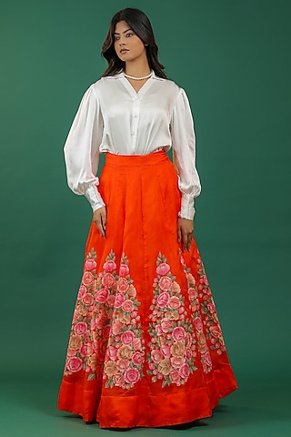 Orange Pure Silk Hand Embroidered Lehenga Set by Priyanka Jha