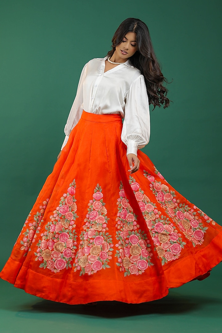 Orange Pure Silk Hand Embroidered Wedding Lehenga Set by Priyanka Jha at Pernia's Pop Up Shop