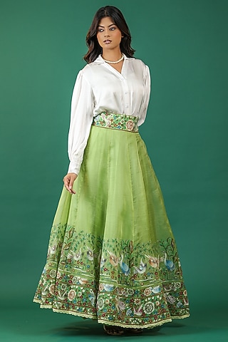 Green Pure Silk Handpainted Lehenga Set by Priyanka Jha