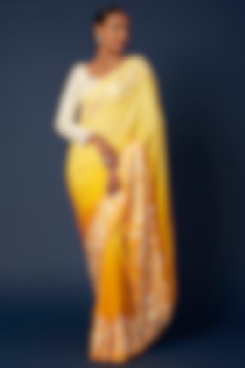 Yellow Hand Embroidered Saree Set by Priyanka Jha