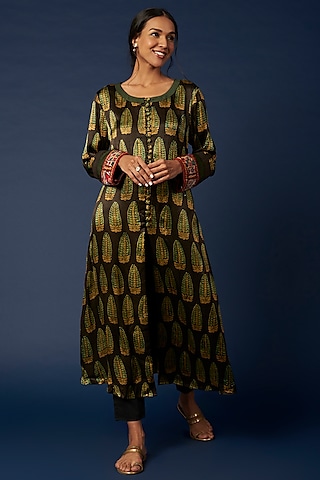 Black Ajrakh Block Printed Jacket by Priyanka Jha