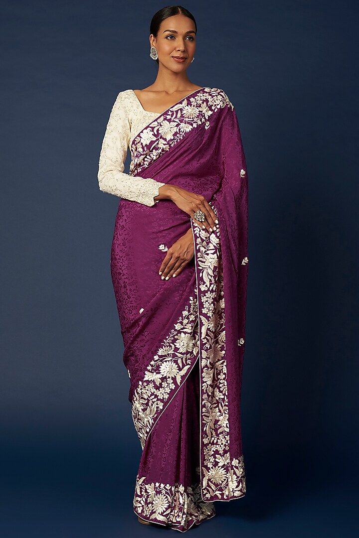 Purple Hand Embroidered Saree Set by Priyanka Jha