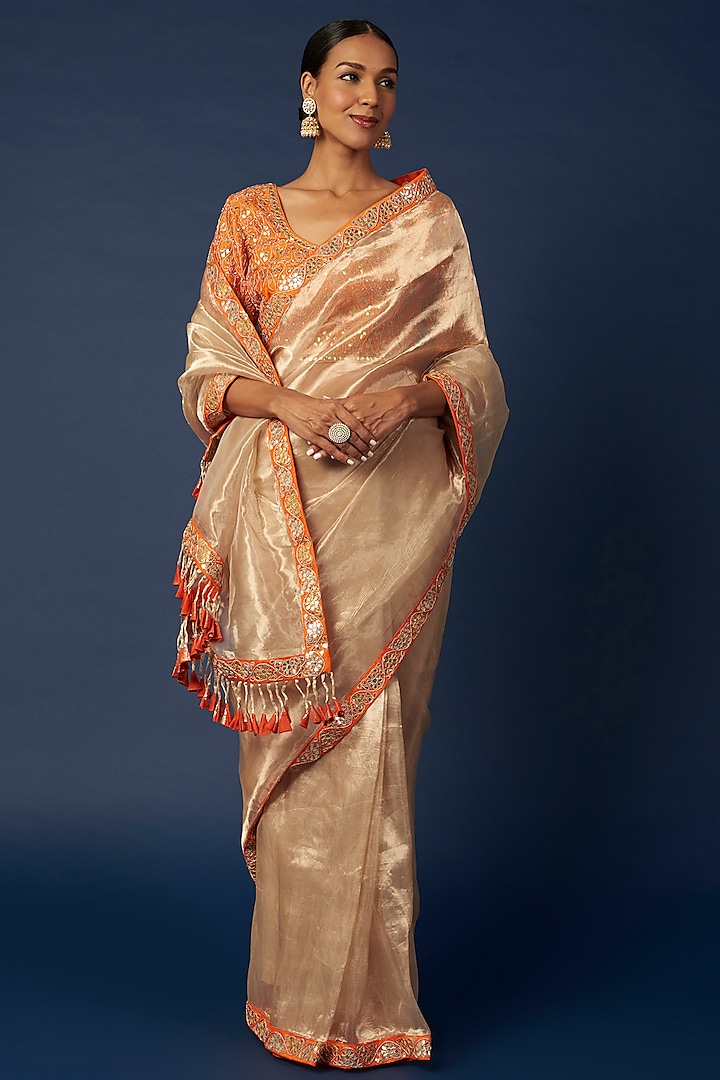 Gold Hand Embroidered Saree Set by Priyanka Jha