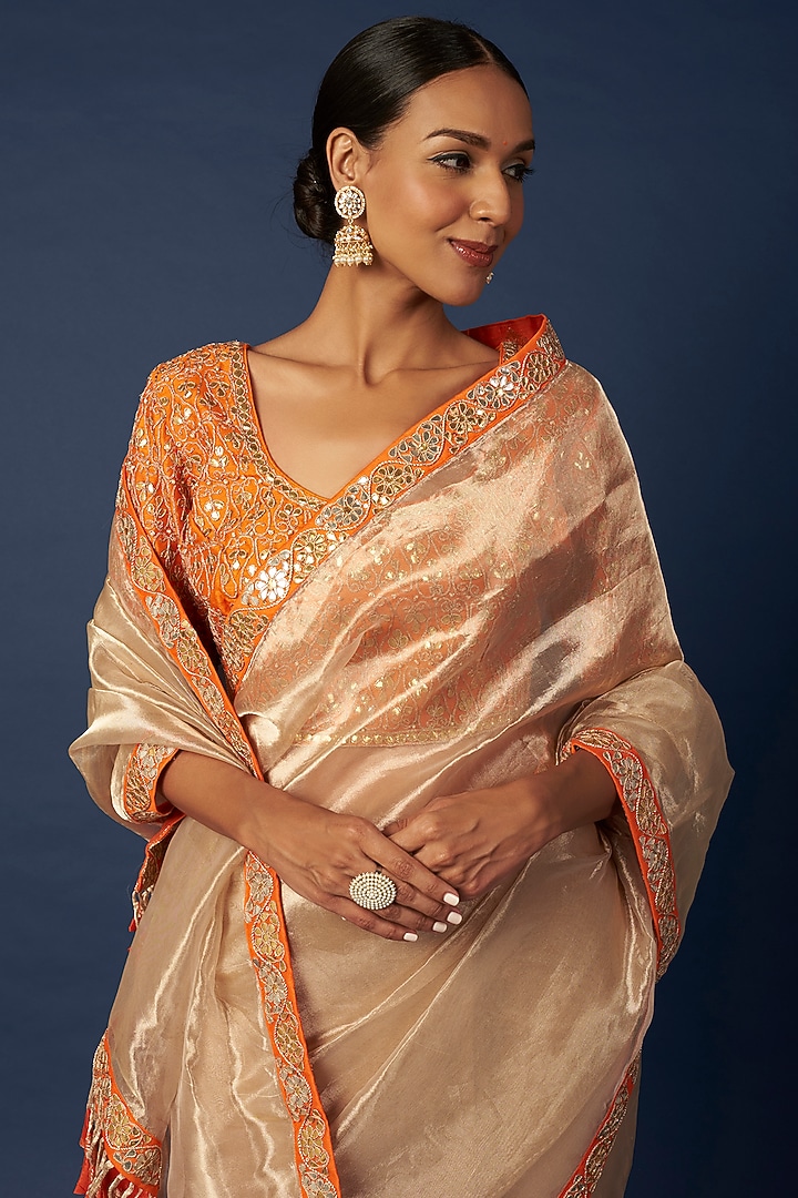 Gold Hand Embroidered Wedding Saree Set by Priyanka Jha at Pernia's Pop Up Shop