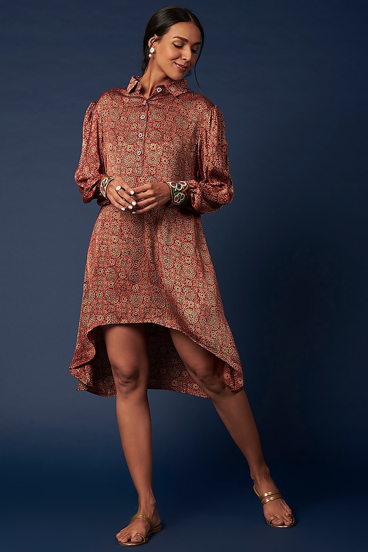 Maroon Ajrakh Printed Shirt Dress by Priyanka Jha