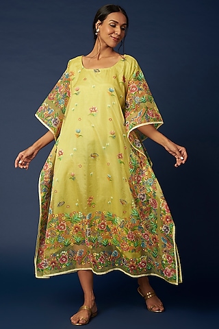 Yellow Hand Painted Kaftan by Priyanka Jha