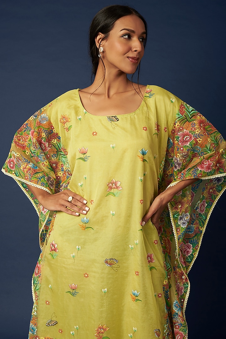 Yellow Hand Painted Kaftan by Priyanka Jha at Pernia's Pop Up Shop