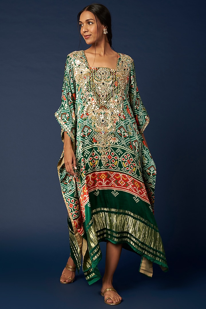 Emerald Green Hand Embroidered Kaftan by Priyanka Jha at Pernia's Pop Up Shop