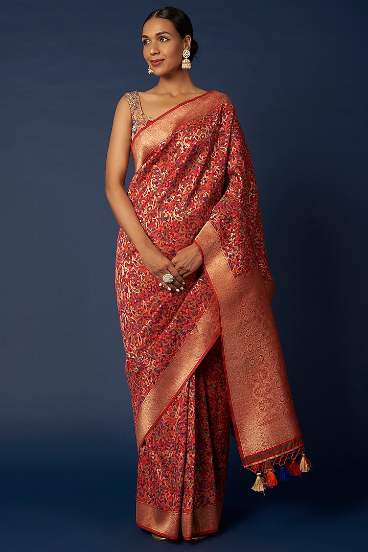 Red Banarasi Silk Saree Set by Priyanka Jha