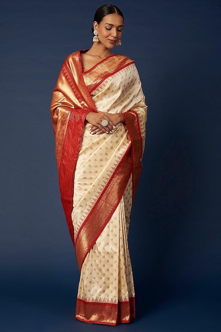 White Banarasi Silk Saree Set by Priyanka Jha