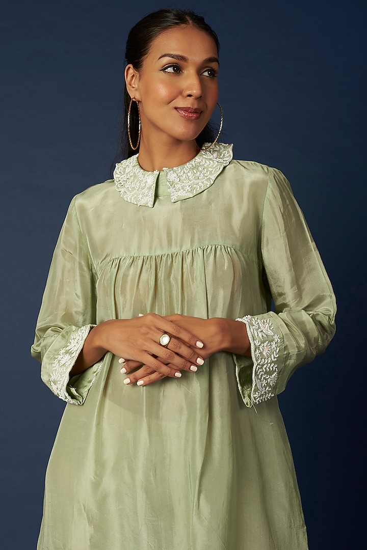 Olive Green Hand Embroidered Tunic by Priyanka Jha at Pernia's Pop Up Shop
