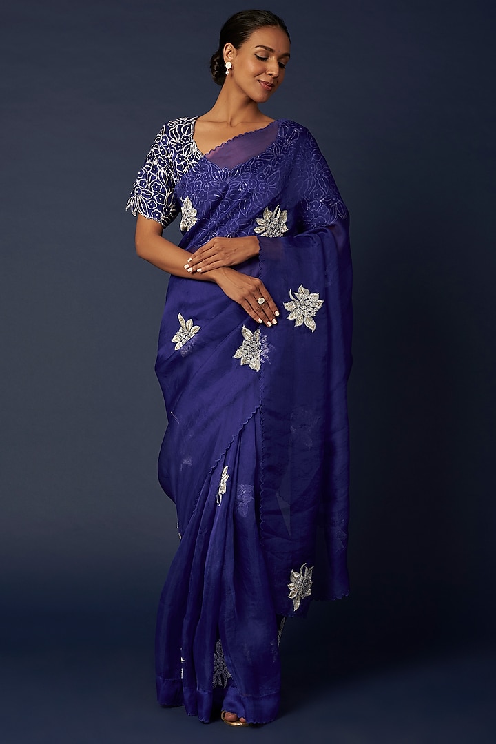 Cobalt Blue Embroidered Saree Set by Priyanka Jha