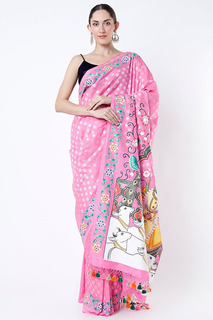 Blush Pink Pure Katan Silk Banarasi Brocade Hand Painted Wedding Saree Set by Priyanka Jha at Pernia's Pop Up Shop