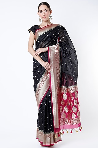 Black Georgette Silk Banarasi Boota Work Saree Set by Priyanka Jha