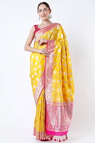 Yellow Banarasi Brocade Saree Set by Priyanka Jha