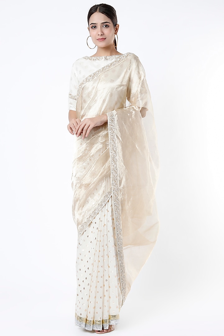 White Zari Embroidered Saree Set by Priyanka Jha