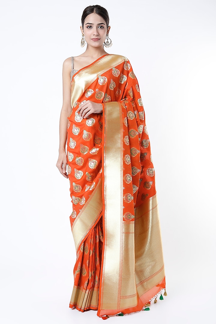 Orange Banarasi Silk Saree Set by Priyanka Jha