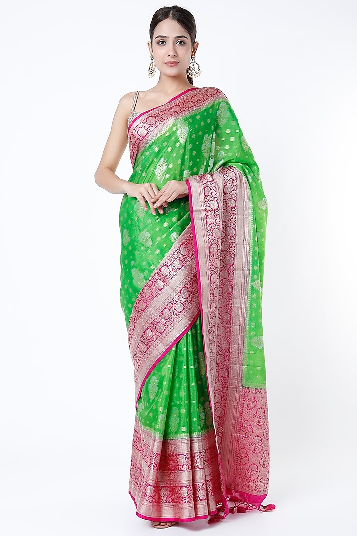 Fresh Green Banarasi Silk Zari Work Saree Set by Priyanka Jha