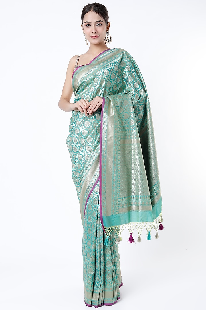 Mint Banarasi Silk Zari Weaved Saree Set by Priyanka Jha