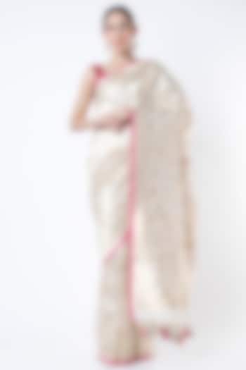 White Banarasi Brocade Saree Set by Priyanka Jha