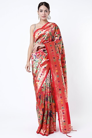 Red Paithani Banarasi Silk Saree Set by Priyanka Jha