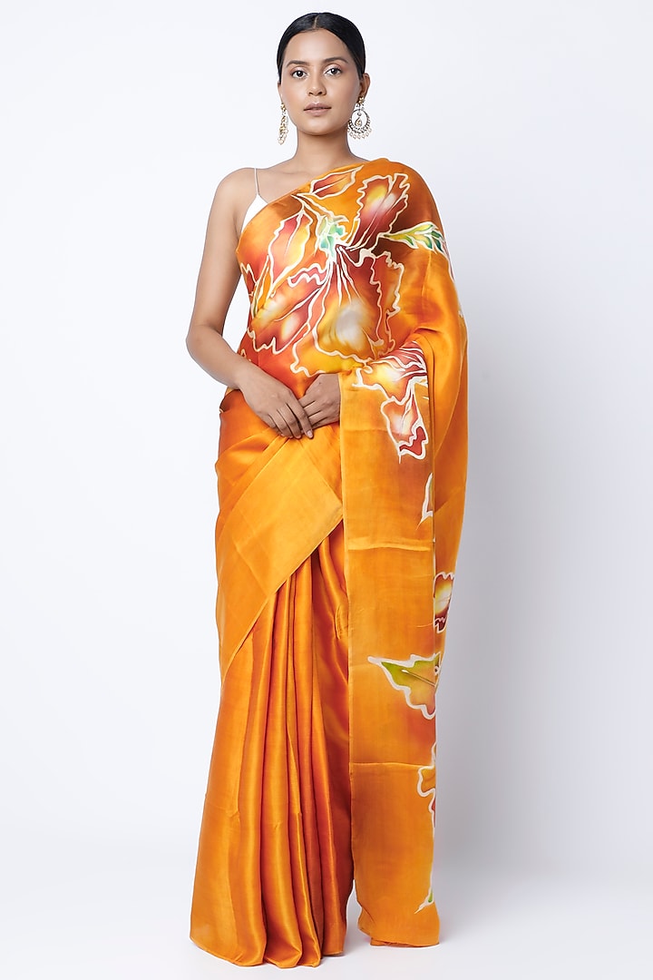 Citrus Yellow Pure Satin Silk Handpainted Wedding Saree Set by Priyanka Jha at Pernia's Pop Up Shop