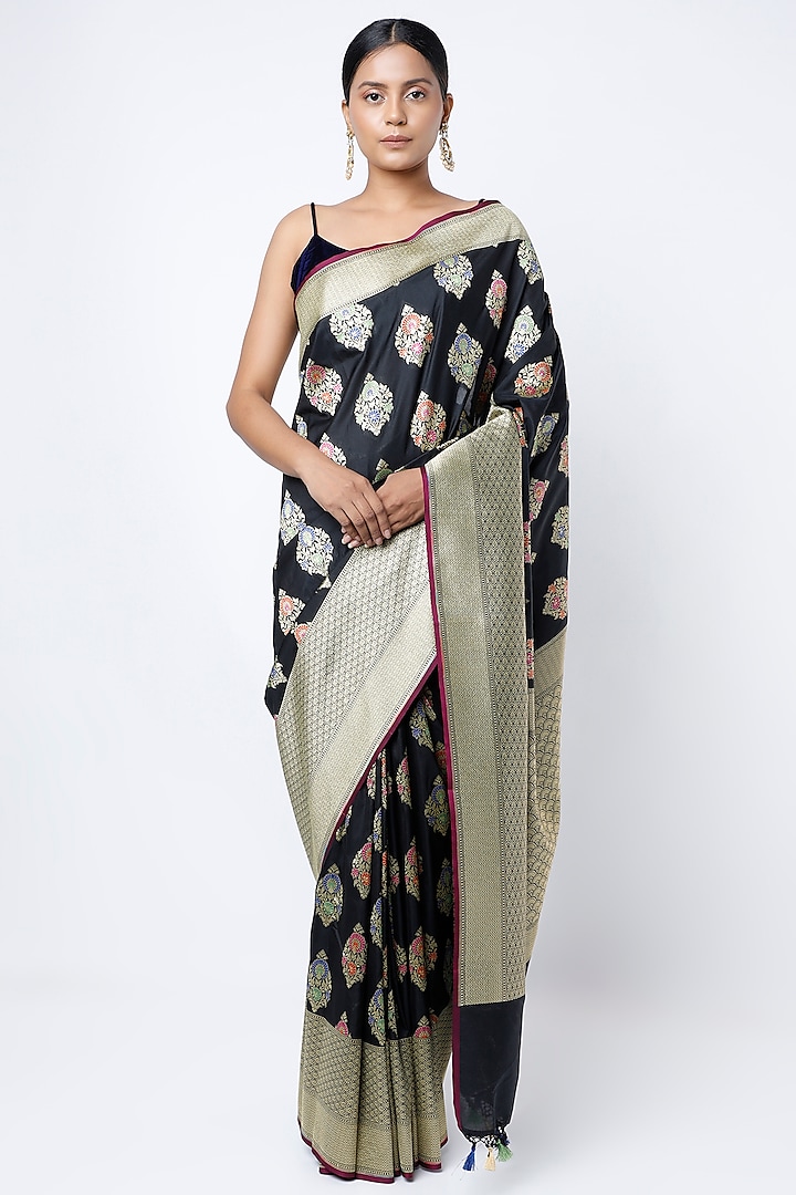 Black Soft Silk Embroidered Saree by Priyanka Jha