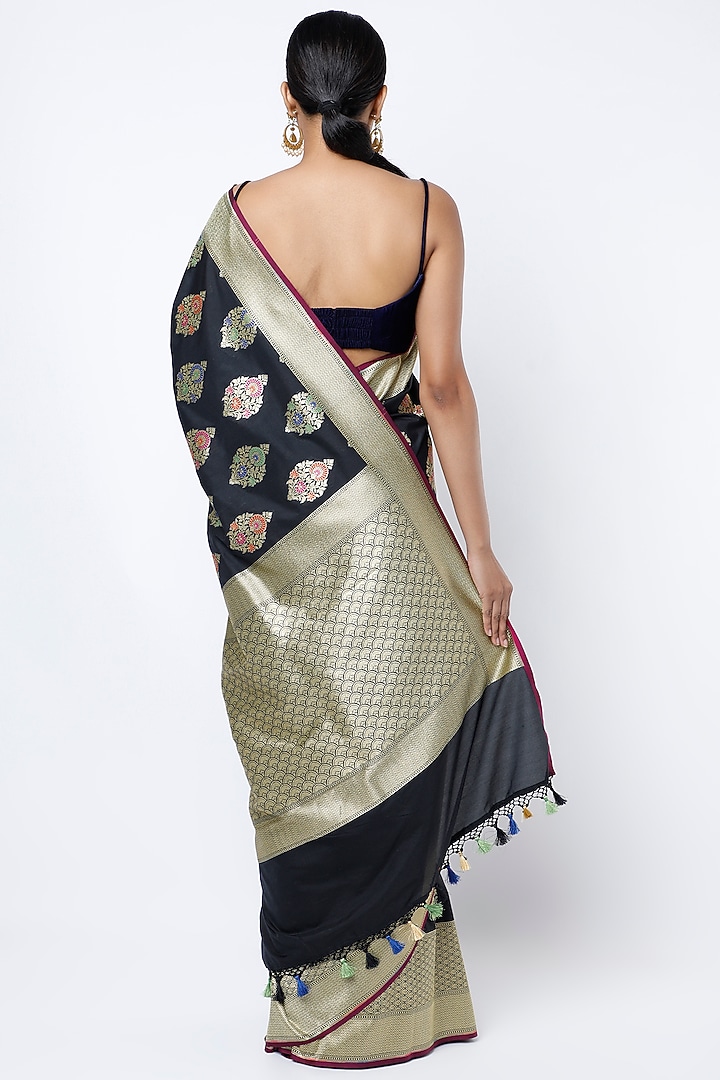Black Soft Silk Embroidered Party Wear Saree by Priyanka Jha at Pernia's Pop Up Shop