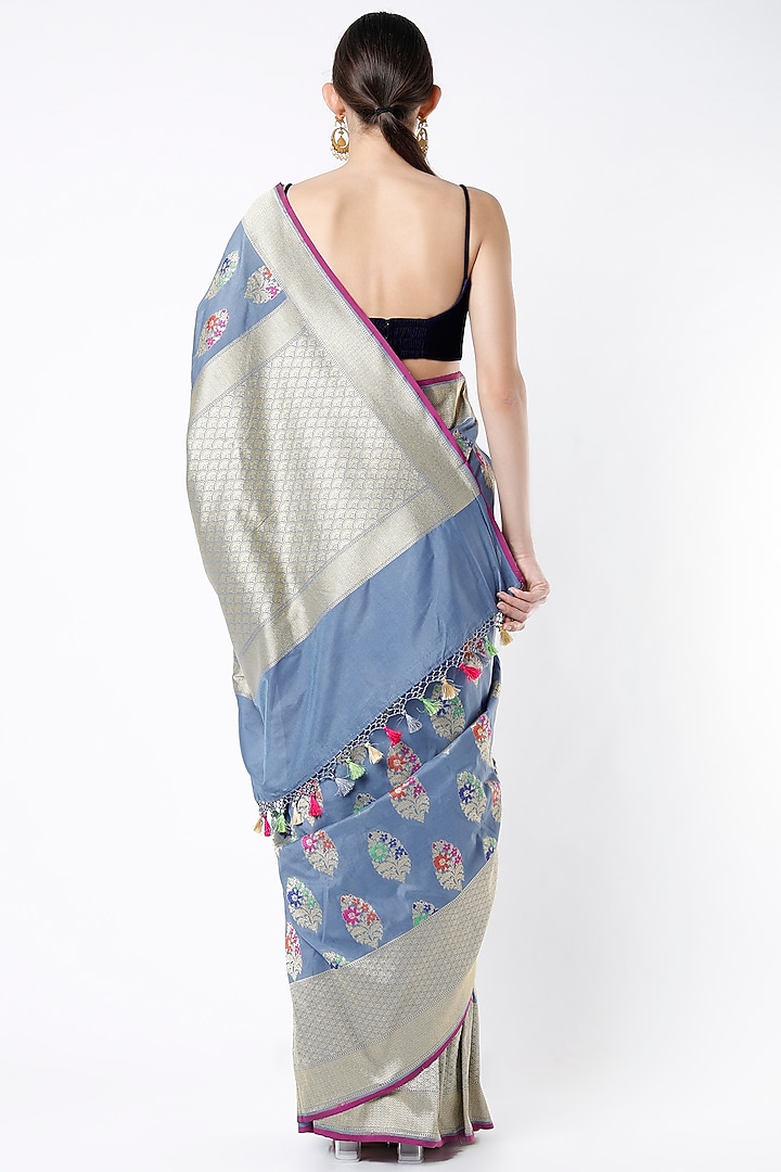 Dull Blue Soft Silk Banarasi Zari Party Wear Saree Set by Priyanka Jha at Pernia's Pop Up Shop