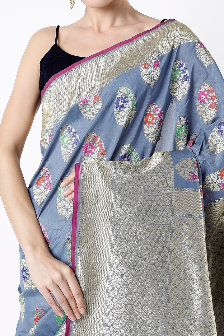 Dull Blue Soft Silk Banarasi Zari Party Wear Saree Set by Priyanka Jha at Pernia's Pop Up Shop