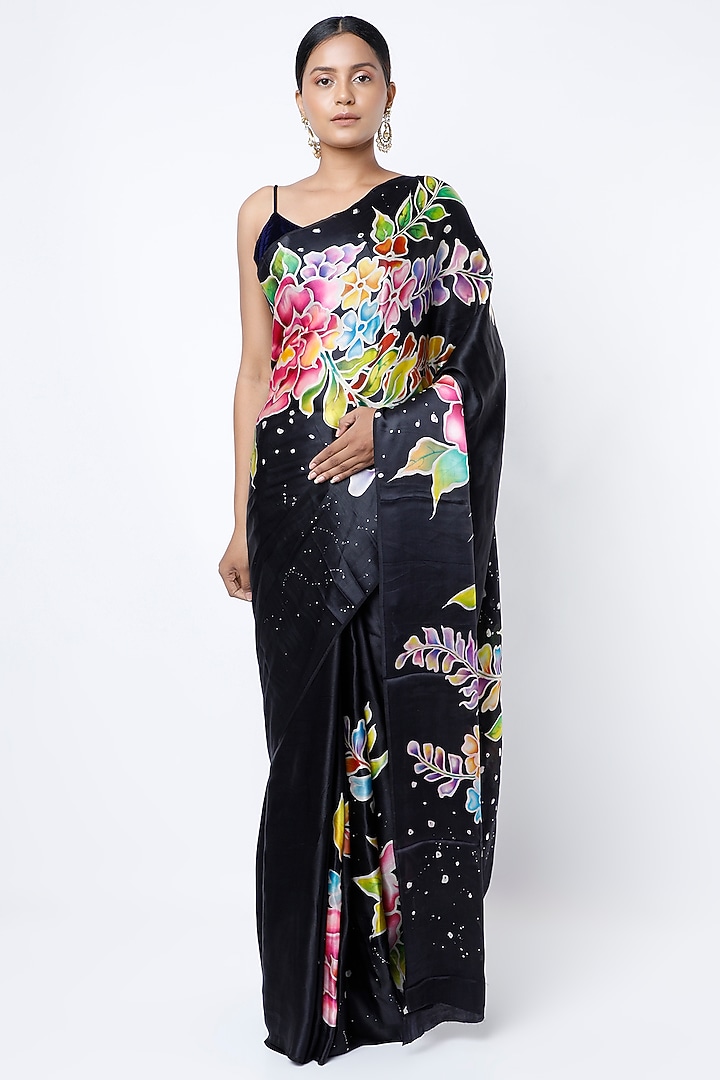 Black Pure Satin Silk Floral Hand Painted Wedding Saree by Priyanka Jha at Pernia's Pop Up Shop