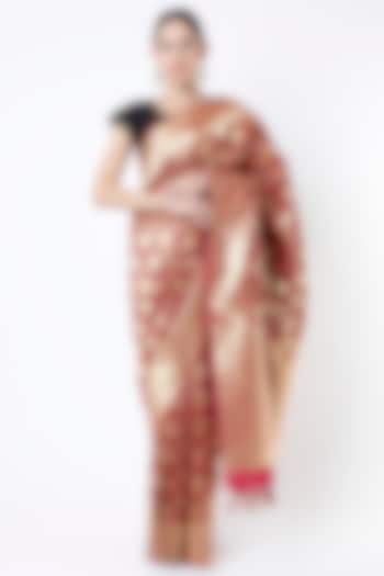 Dull Red Soft Silk Banarasi Zari Saree Set by Priyanka Jha