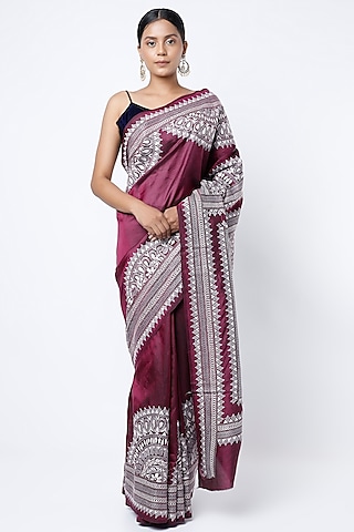 Maroon Pure Mulberry Silk Kantha Hand Embroidered Saree Set by Priyanka Jha