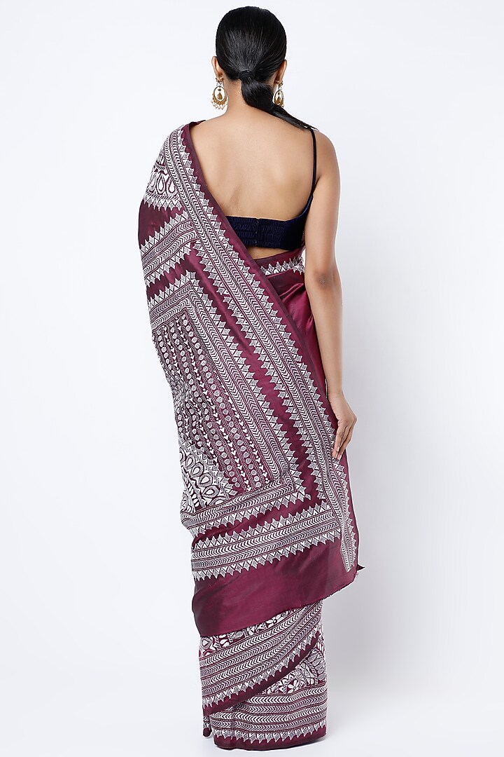 Maroon Pure Mulberry Silk Kantha Hand Embroidered Wedding Saree Set by Priyanka Jha at Pernia's Pop Up Shop