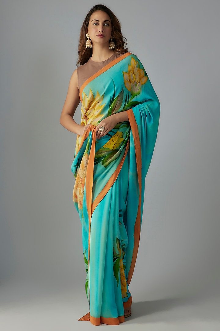 Turquoise Blue Pure Silk Crepe Hand Embroidered & Hand Painted Saree Set by Priyanka Jha