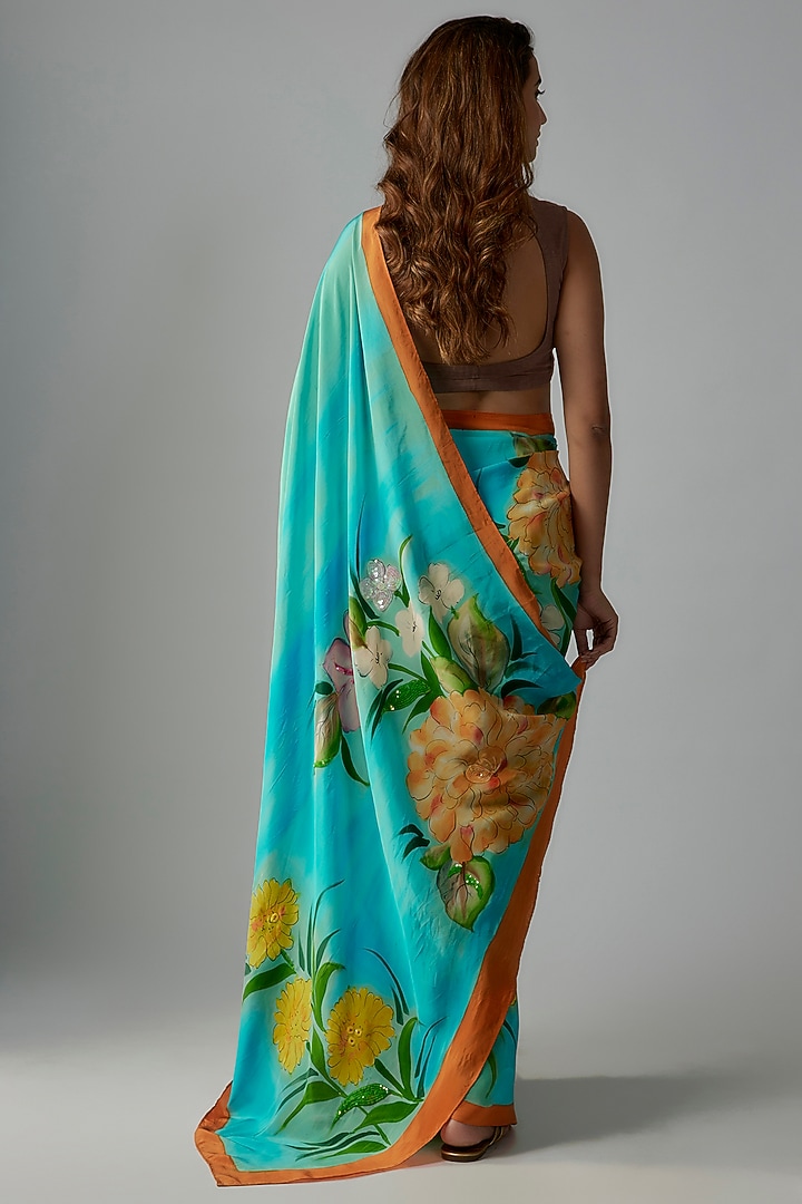 Turquoise Blue Pure Silk Crepe Hand Embroidered & Hand Painted Wedding Saree Set by Priyanka Jha at Pernia's Pop Up Shop