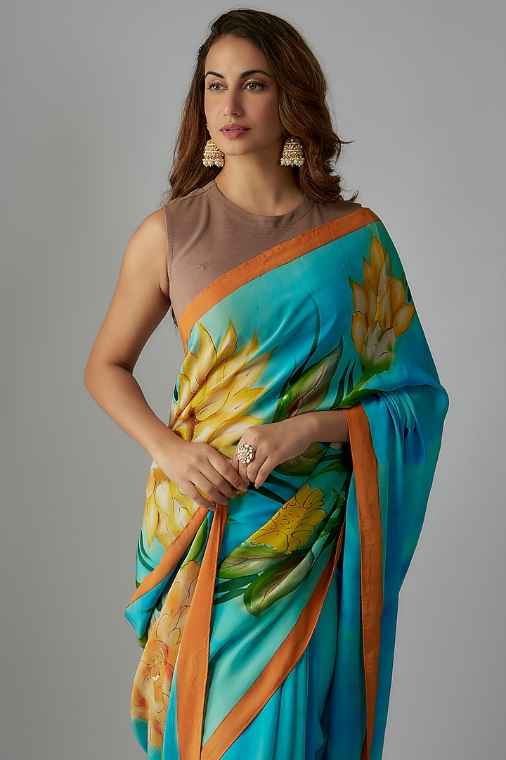 Turquoise Blue Pure Silk Crepe Hand Embroidered & Hand Painted Wedding Saree Set by Priyanka Jha at Pernia's Pop Up Shop