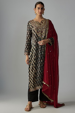 Black Silk Hand Block Printed & Hand Embroidered Kurta Set by Priyanka Jha