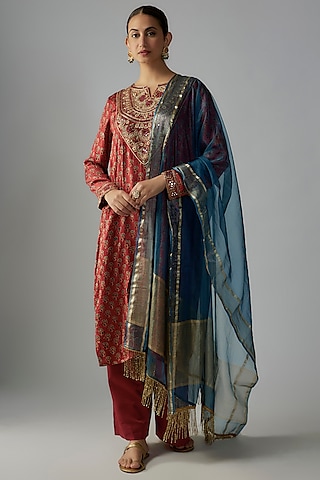 Red Silk Hand Block Printed & Hand Embroidered Kurta Set by Priyanka Jha