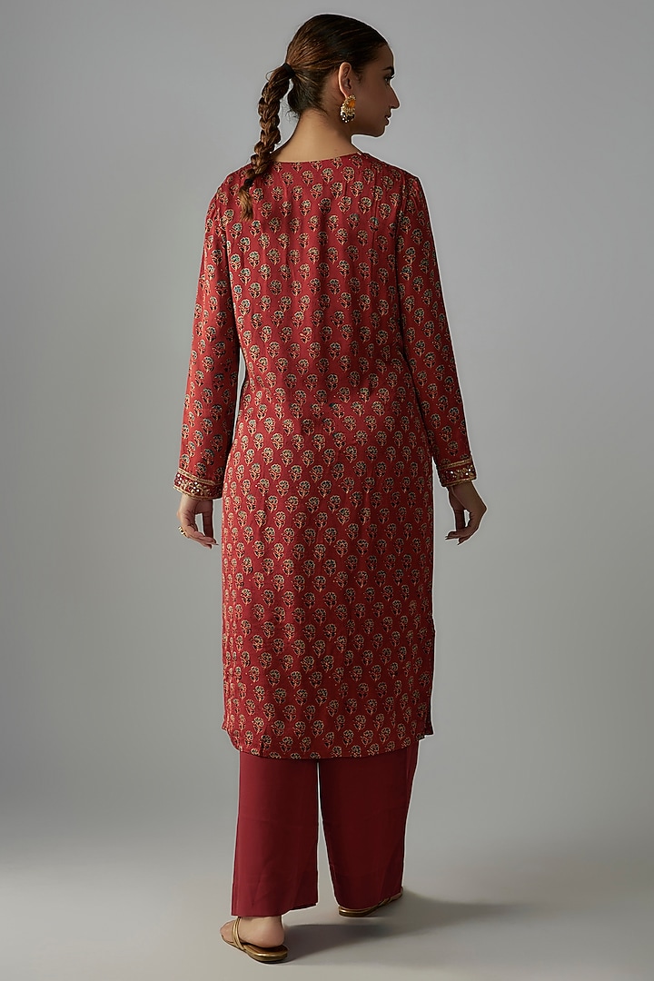 Red Silk Hand Block Printed & Hand Embroidered Kurta Set by Priyanka Jha at Pernia's Pop Up Shop