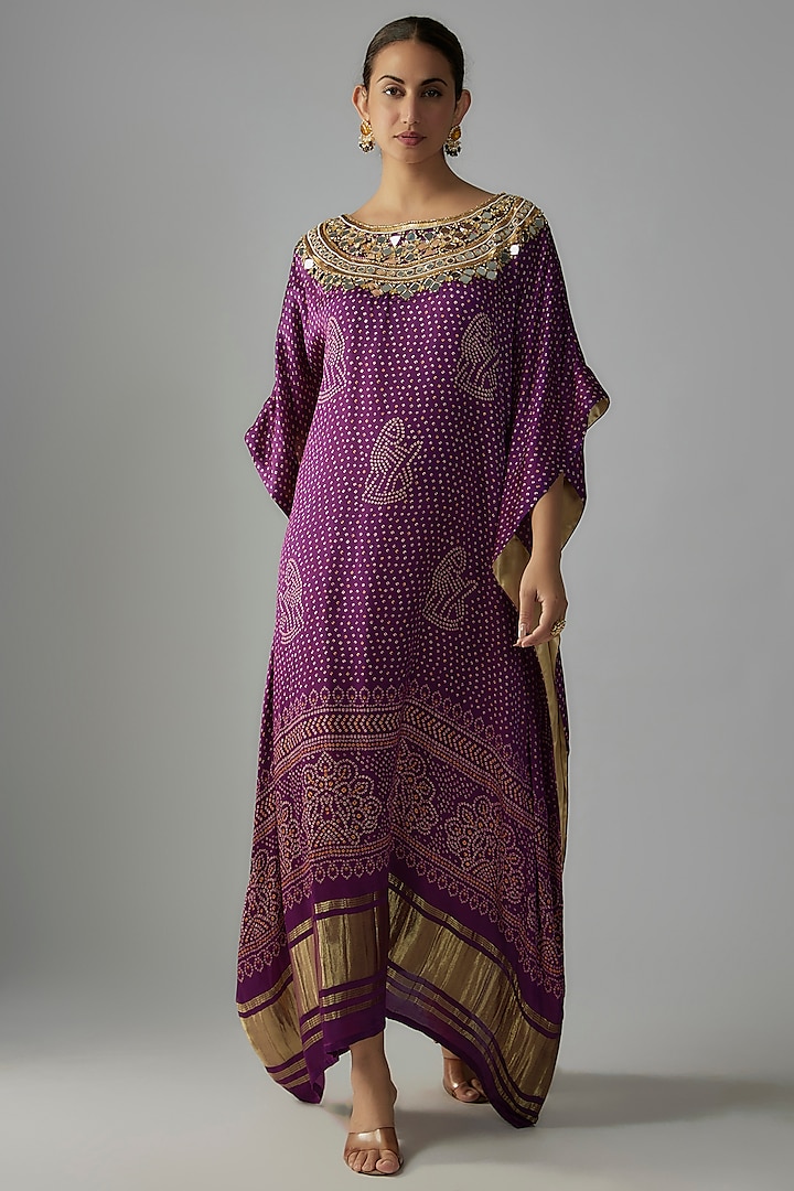 Purple Silk Hand Embroidered & Bandhani Printed Kaftan by Priyanka Jha