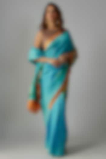 Turquoise Blue Pure Silk Hand Painted Saree Set by Priyanka Jha