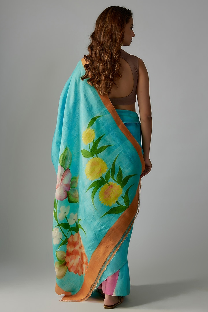 Turquoise Blue Pure Silk Hand Painted Party Wear Saree Set by Priyanka Jha at Pernia's Pop Up Shop