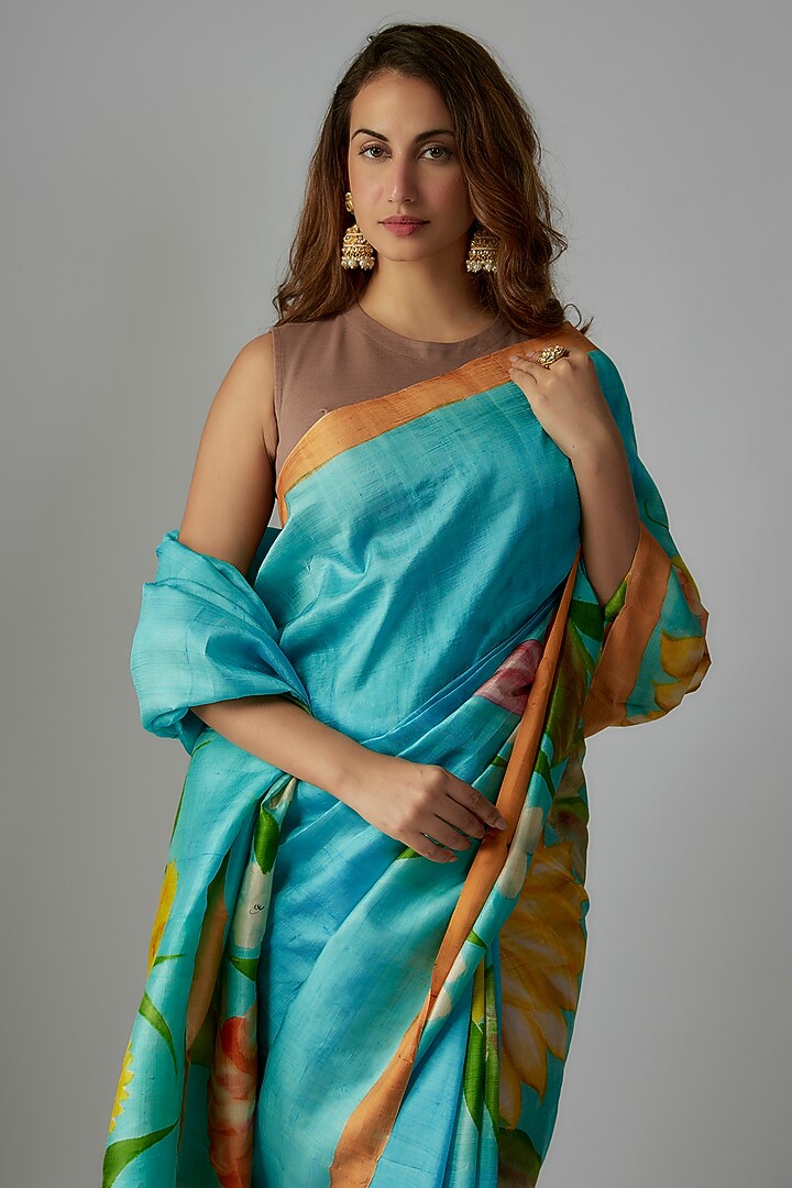 Turquoise Blue Pure Silk Hand Painted Party Wear Saree Set by Priyanka Jha at Pernia's Pop Up Shop